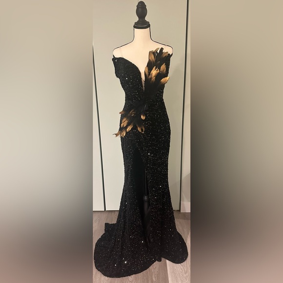 SHEIN Size M Black/Gold Sequin Strapless Mermaid Bodycon Slit Laceup Maxi Dress - Picture 3 of 10
